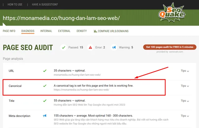 Kiểm tra thẻ canonical trên SeoQuake Kiểm tra thẻ canonical trên SeoQuake