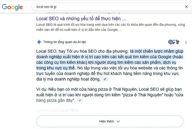 Phần trả lời của AI khi tra cứu từ khóa Local SEO là gì trên Google Phần trả lời của AI khi tra cứu từ khóa Local SEO là gì trên Google